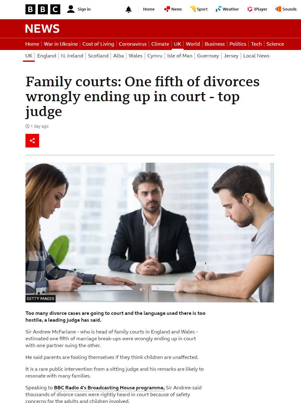 Family courts: One fifth of divorces wrongly ending up in court - top judge